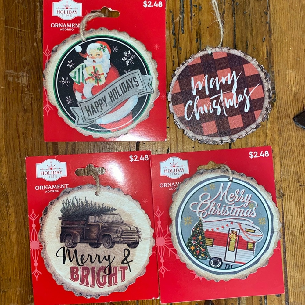 Rustic Nostalgic Faux Bark Wood Christmas Ornaments Holiday Time - Set of 4